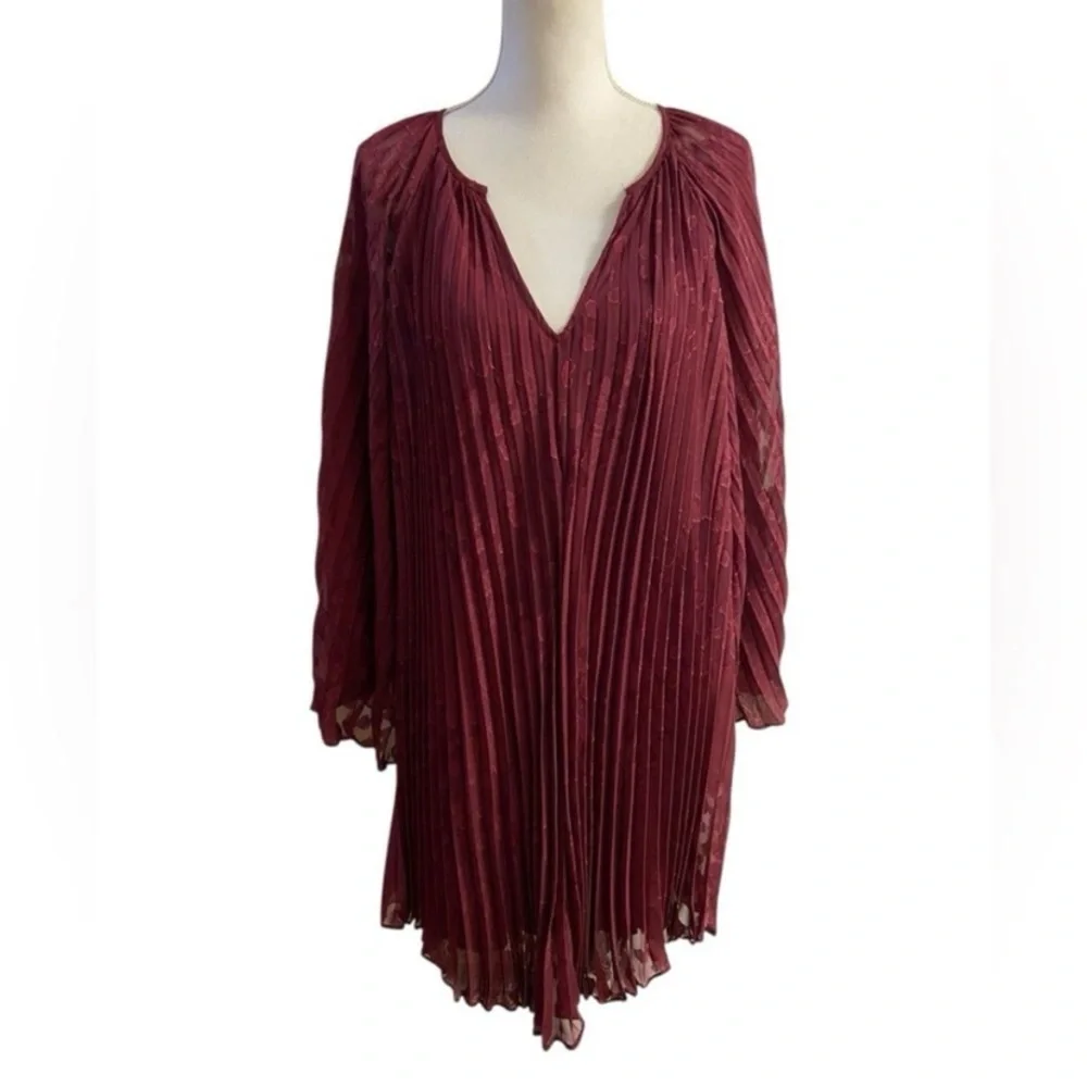 Anthropologie Wine Pleated High-Low Bell-Sleeve Dress Medium